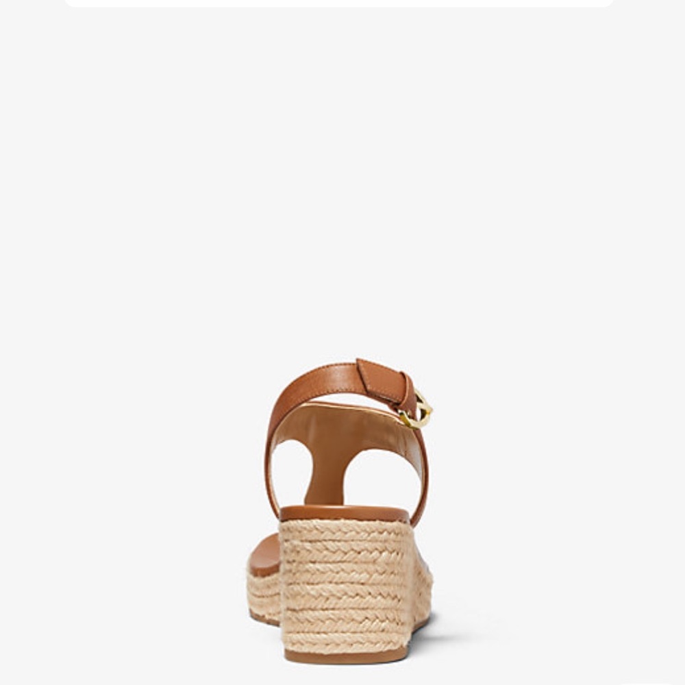 Michael Kors Brown Leather Espadrille Wedge Sandals with Gold Logo - Picture 9 of 9